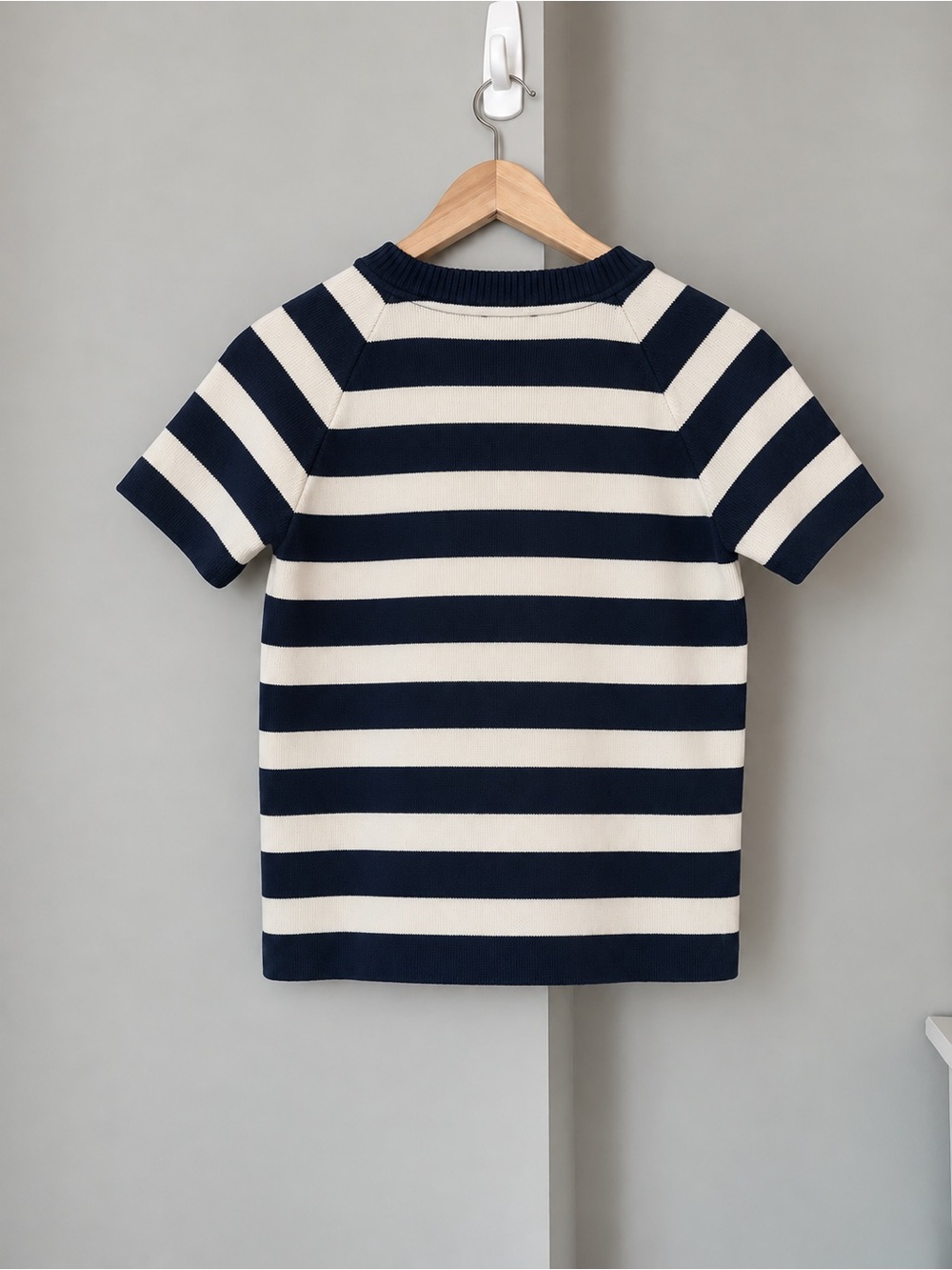 Massimo Dutti Navy Ecru Wide Stripe Cotton Knit Short Sleeve Top Size S - Picture 4 of 6